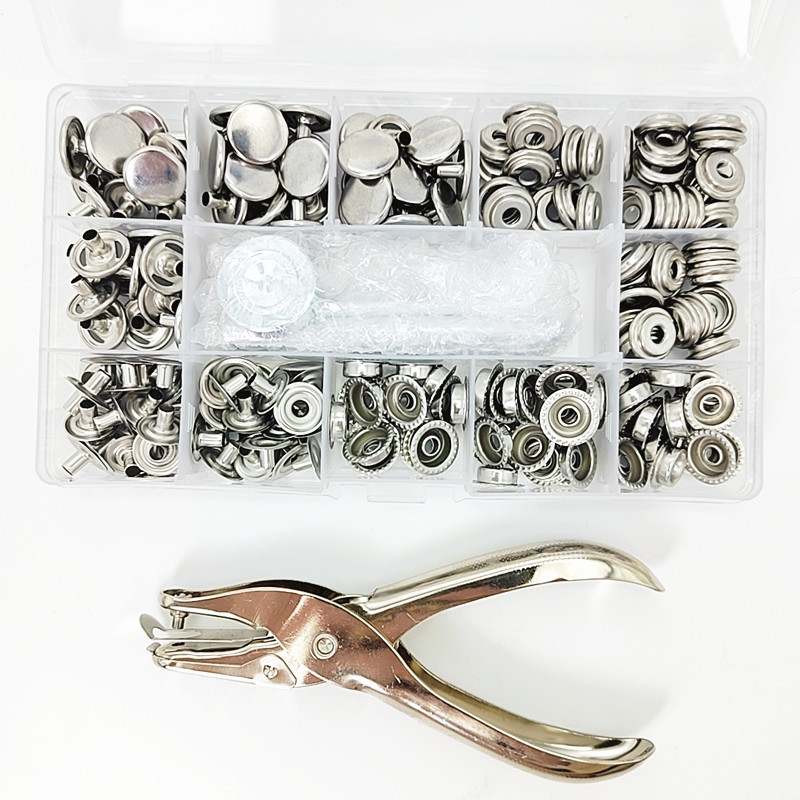 Nerūdijančio plieno dideli mygtukų segtukai rinkinys su diegimo įrankiais ir replėmis, 50 komplektų, 201 tvirtinimo elementų