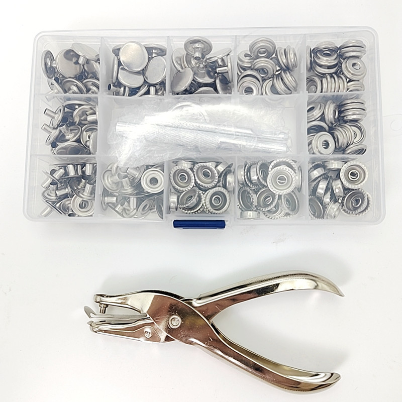 Nerūdijančio plieno dideli mygtukų segtukai rinkinys su diegimo įrankiais ir replėmis, 50 komplektų, 201 tvirtinimo elementų