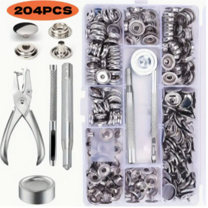 Nerūdijančio plieno dideli mygtukų segtukai rinkinys su diegimo įrankiais ir replėmis, 50 komplektų, 201 tvirtinimo elementų