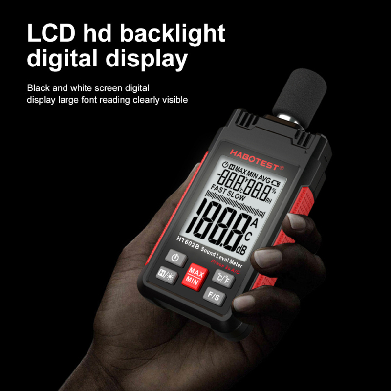 HT602B digitalni mjerač zvuka: raspon 30-130 dBC; točnost ±1.5 dB (94 dB @1 kHz) ±5 dB (94 dB @8 kHz); frekvencijski odziv 30 Hz-8 kHz