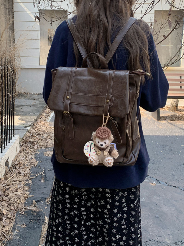 Rucsac în stil street-trend, material PU, toamnă 2024, închidere cu capac magnetic, buzunar intern cu fermoar