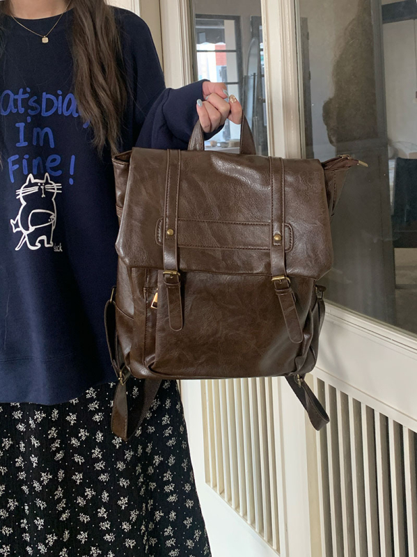 Rucsac în stil street-trend, material PU, toamnă 2024, închidere cu capac magnetic, buzunar intern cu fermoar