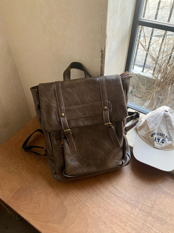Rucsac în stil street-trend, material PU, toamnă 2024, închidere cu capac magnetic, buzunar intern cu fermoar