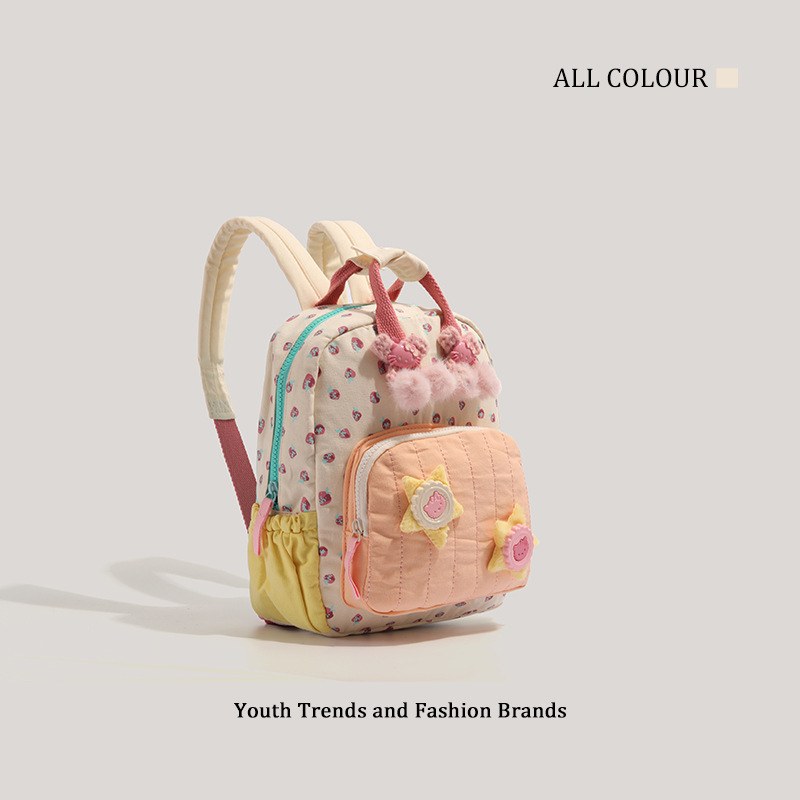 Gyerekeknek készült vászon hátizsák epermintás mintával, friss és édes stílus, cipzáras nyitás, poliészter bélés, telefonzseb