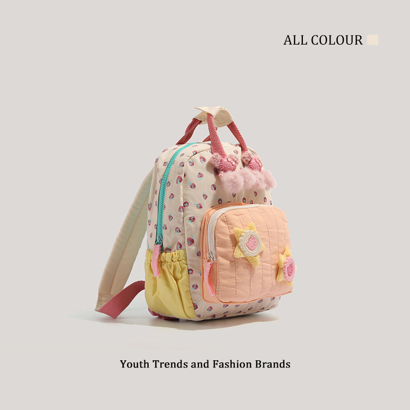 Gyerekeknek készült vászon hátizsák epermintás mintával, friss és édes stílus, cipzáras nyitás, poliészter bélés, telefonzseb