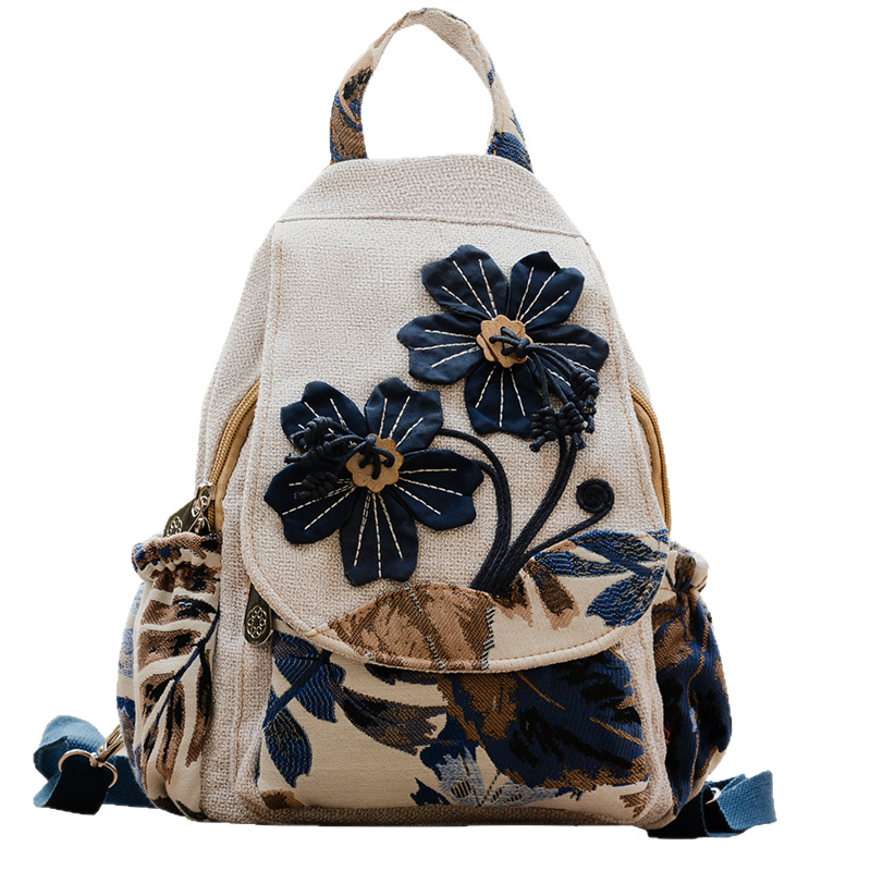 Irodalmi stílusú hátizsák, pamut és len anyagból, cipzáras záródás, ideális szabadidős utazásokhoz