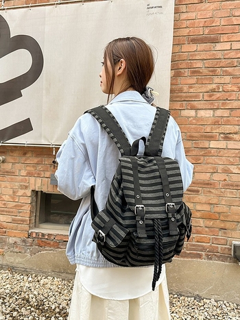 Σακίδιο πλάτης με ριγέ καπάκι, ρετρό casual στυλ, αδιάβροχο, χωρητικότητα έως 20 L, κατάλληλο για 8 ιντσών φορητό, νάιλον με επένδυση πολυεστέρα, κορεάτικου πανεπιστημίου στυλ