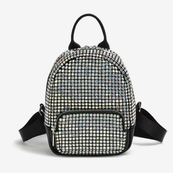 Holy Heron női PU hátizsák Rhinestone Bling díszítés, ID zseb, záródás húzózárral és csattal, poliészter bélés — 2025 tavasz