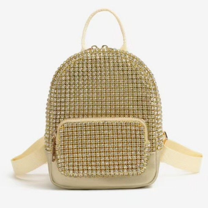 Holy Heron női PU hátizsák Rhinestone Bling díszítés, ID zseb, záródás húzózárral és csattal, poliészter bélés — 2025 tavasz