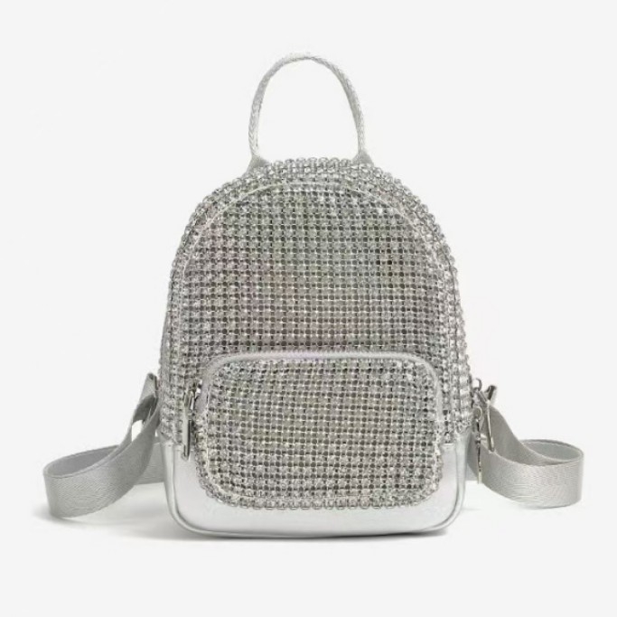 Holy Heron női PU hátizsák Rhinestone Bling díszítés, ID zseb, záródás húzózárral és csattal, poliészter bélés — 2025 tavasz