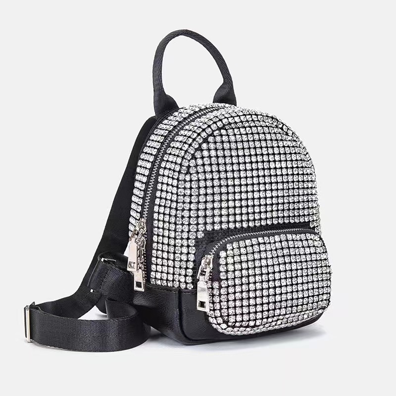 Holy Heron női PU hátizsák Rhinestone Bling díszítés, ID zseb, záródás húzózárral és csattal, poliészter bélés — 2025 tavasz