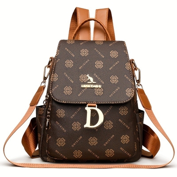 Rucsac damă cu imprimeu retro, spațiu mare, destinat călătoriilor și utilizării zilnice; Material PU, căptușeală poliester, închidere cu fermoar, buzunare interne pentru telefon și ID, buzunar laminat cu fermoar, respirabil și rezistent la apă.
