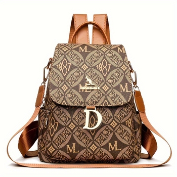 Rucsac damă cu imprimeu retro, spațiu mare, destinat călătoriilor și utilizării zilnice; Material PU, căptușeală poliester, închidere cu fermoar, buzunare interne pentru telefon și ID, buzunar laminat cu fermoar, respirabil și rezistent la apă.