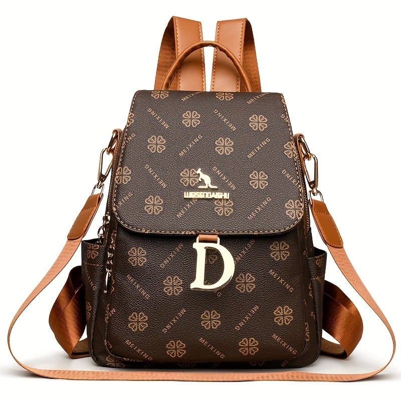 Rucsac damă cu imprimeu retro, spațiu mare, destinat călătoriilor și utilizării zilnice; Material PU, căptușeală poliester, închidere cu fermoar, buzunare interne pentru telefon și ID, buzunar laminat cu fermoar, respirabil și rezistent la apă.