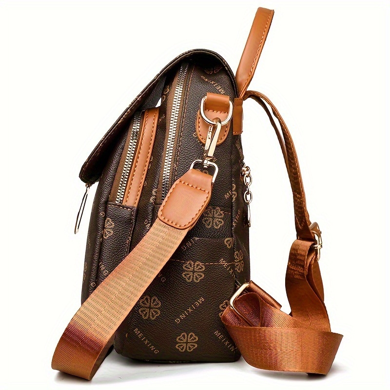 Rucsac damă cu imprimeu retro, spațiu mare, destinat călătoriilor și utilizării zilnice; Material PU, căptușeală poliester, închidere cu fermoar, buzunare interne pentru telefon și ID, buzunar laminat cu fermoar, respirabil și rezistent la apă.