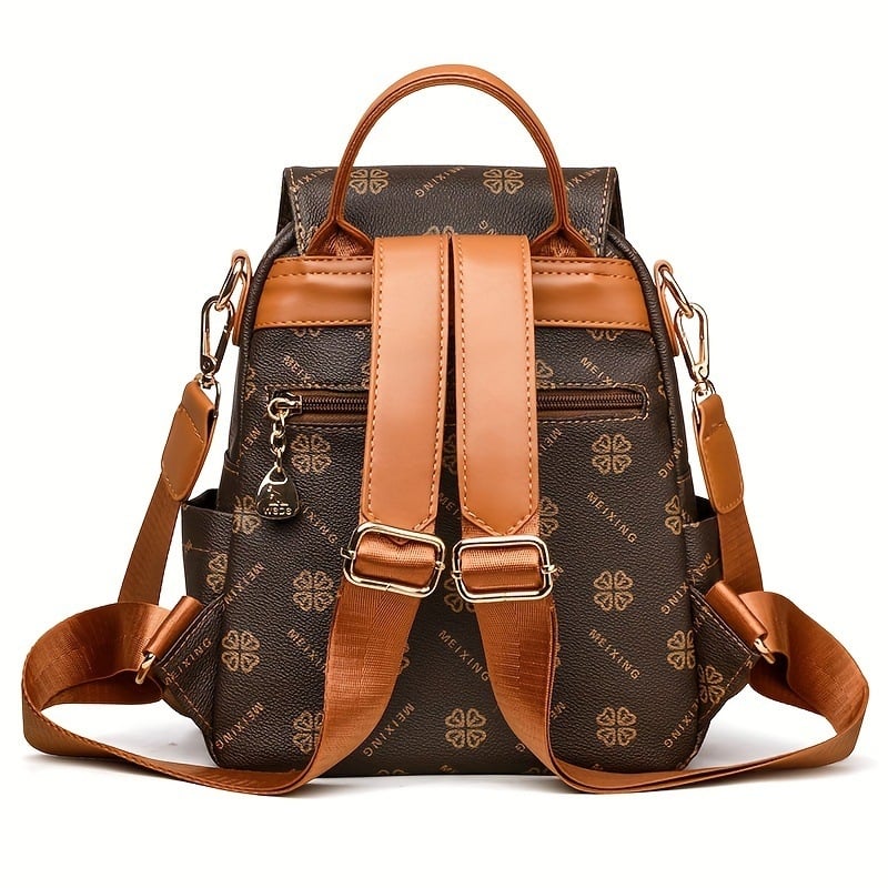 Rucsac damă cu imprimeu retro, spațiu mare, destinat călătoriilor și utilizării zilnice; Material PU, căptușeală poliester, închidere cu fermoar, buzunare interne pentru telefon și ID, buzunar laminat cu fermoar, respirabil și rezistent la apă.