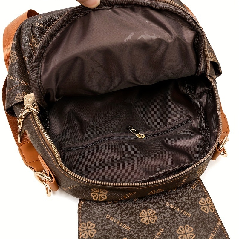 Rucsac damă cu imprimeu retro, spațiu mare, destinat călătoriilor și utilizării zilnice; Material PU, căptușeală poliester, închidere cu fermoar, buzunare interne pentru telefon și ID, buzunar laminat cu fermoar, respirabil și rezistent la apă.