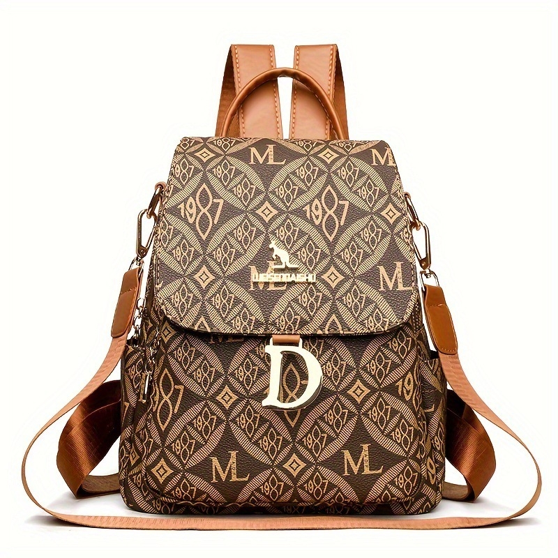 Rucsac damă cu imprimeu retro, spațiu mare, destinat călătoriilor și utilizării zilnice; Material PU, căptușeală poliester, închidere cu fermoar, buzunare interne pentru telefon și ID, buzunar laminat cu fermoar, respirabil și rezistent la apă.