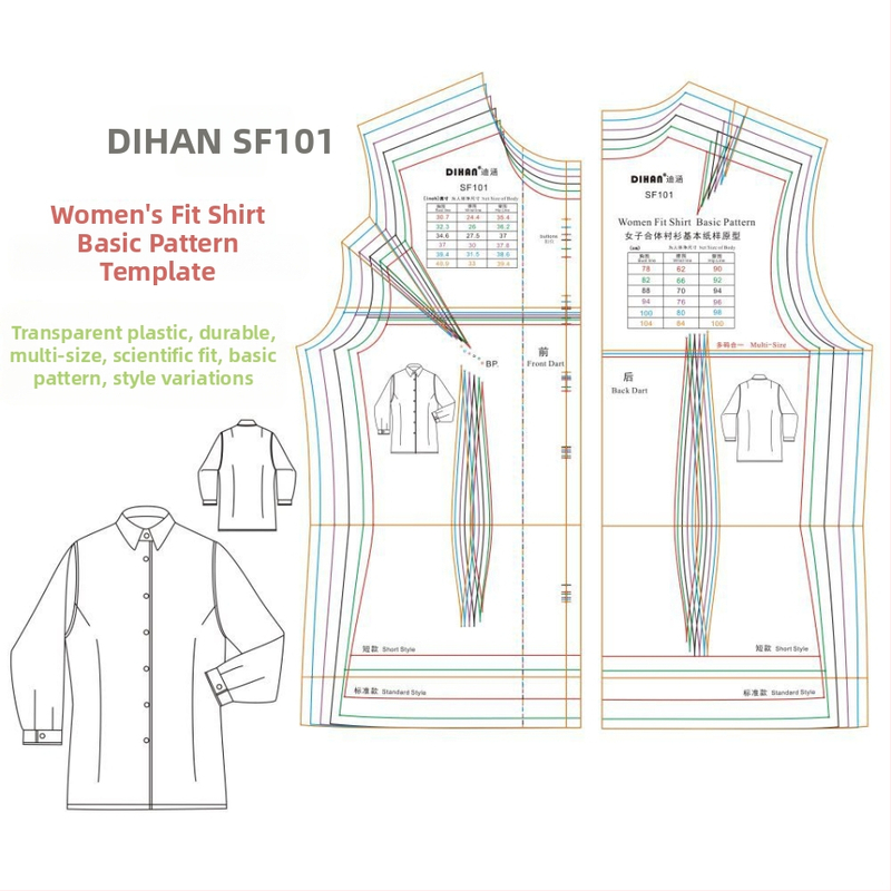 Moterų marškinėlių modelio šablonas – bazinis prototipas, skaidrus plastikas, keli dydžiai, 24 vnt dėžutėje.