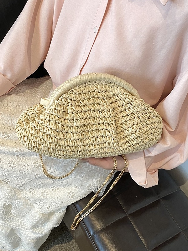 Geantă de damă din pai, în formă de scoică, închidere cu clips, stil urban simplu, căptușeală poliester, buzunar ID, curea monocordă, Tian Mi