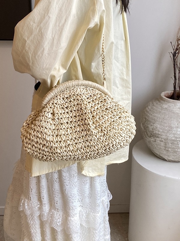 Geantă de damă din pai, în formă de scoică, închidere cu clips, stil urban simplu, căptușeală poliester, buzunar ID, curea monocordă, Tian Mi