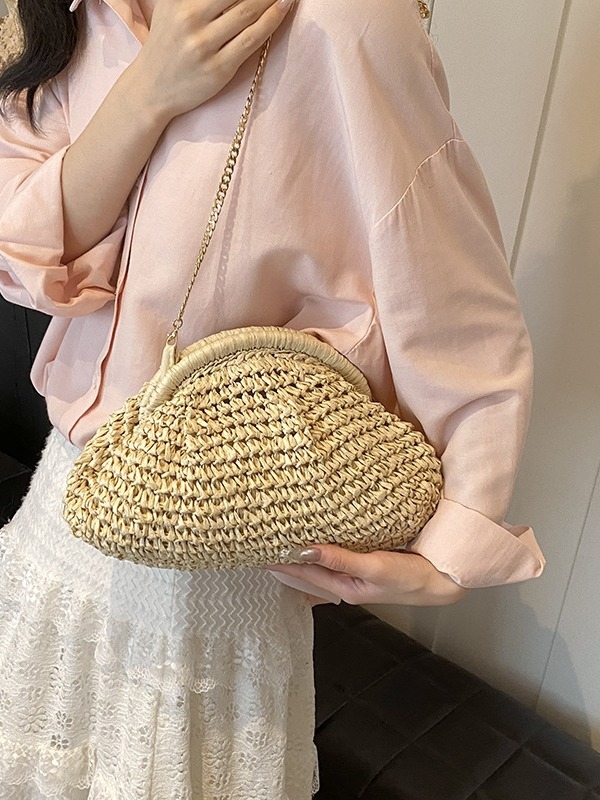 Geantă de damă din pai, în formă de scoică, închidere cu clips, stil urban simplu, căptușeală poliester, buzunar ID, curea monocordă, Tian Mi