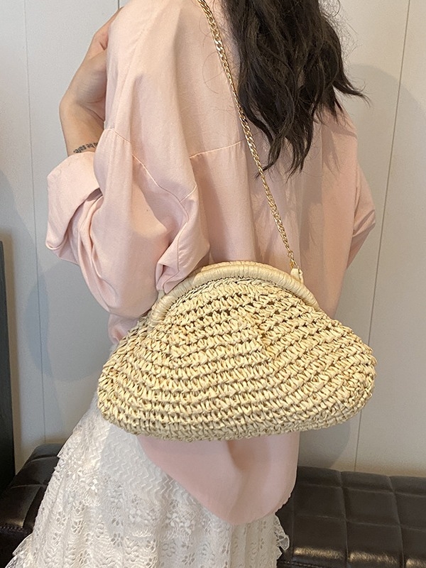 Geantă de damă din pai, în formă de scoică, închidere cu clips, stil urban simplu, căptușeală poliester, buzunar ID, curea monocordă, Tian Mi