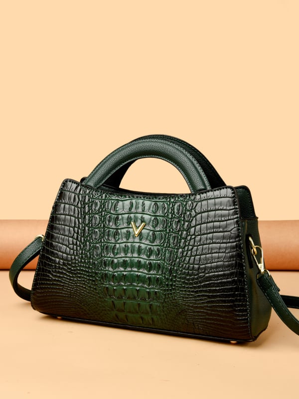 PU krokodil mintás válltáska — Birkin-stílus, 2025 tavaszi megjelenés, poliészter bélés, vízszintes négyszög alakú forma, cipzáras nyitás, belső zsebek: rejtett rekesz, telefon zseb, ID zseb
