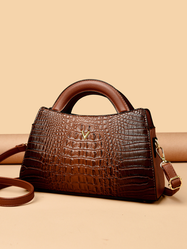 PU krokodil mintás válltáska — Birkin-stílus, 2025 tavaszi megjelenés, poliészter bélés, vízszintes négyszög alakú forma, cipzáras nyitás, belső zsebek: rejtett rekesz, telefon zseb, ID zseb