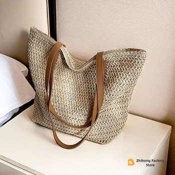 Мъжка Tote чанта със свеж и сладък стил, полиестерна материя, марка Zhihong, подплата от слама, подходяща за свободно време и пътуване