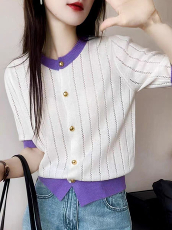 Nyári kardigán-stílusú kötött felső Ice Silk anyaggal, fő anyag poliészter, 3D mintázat, kerek nyakú, rövid hosszúságú