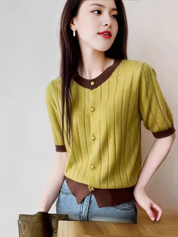 Nyári kardigán-stílusú kötött felső Ice Silk anyaggal, fő anyag poliészter, 3D mintázat, kerek nyakú, rövid hosszúságú