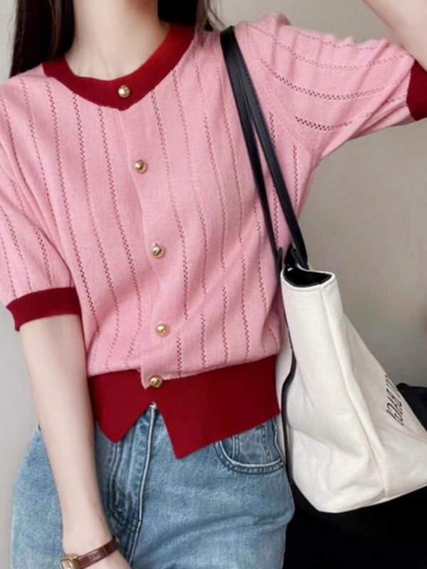 Nyári kardigán-stílusú kötött felső Ice Silk anyaggal, fő anyag poliészter, 3D mintázat, kerek nyakú, rövid hosszúságú