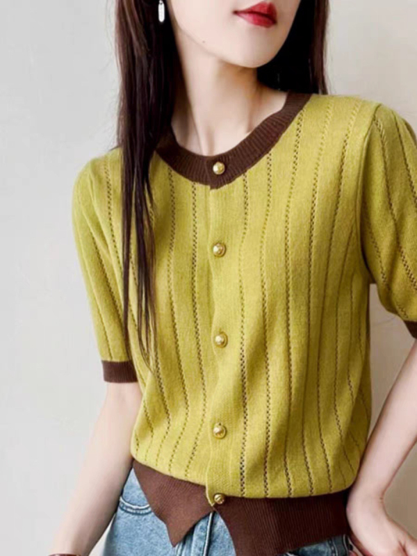 Nyári kardigán-stílusú kötött felső Ice Silk anyaggal, fő anyag poliészter, 3D mintázat, kerek nyakú, rövid hosszúságú