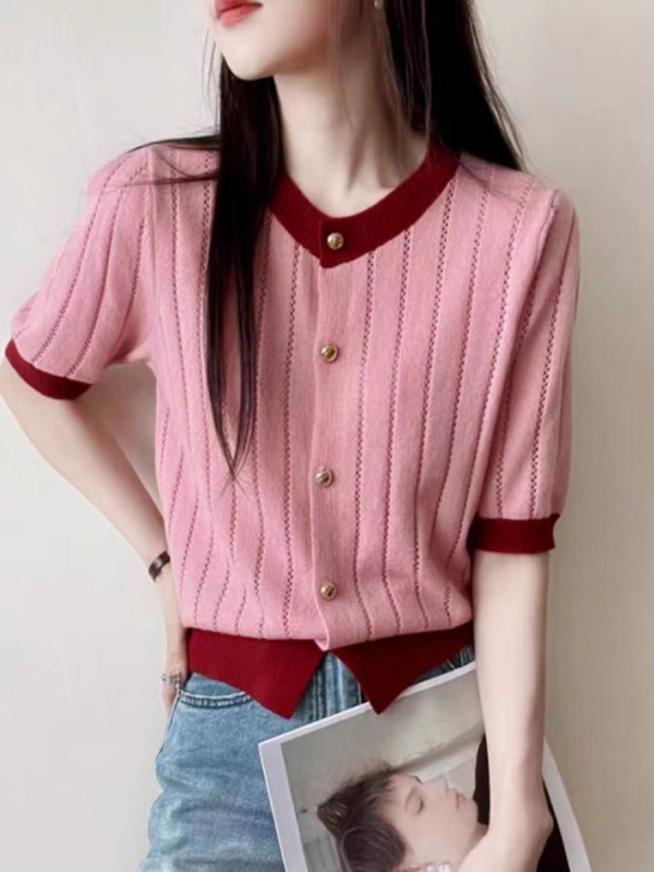 Nyári kardigán-stílusú kötött felső Ice Silk anyaggal, fő anyag poliészter, 3D mintázat, kerek nyakú, rövid hosszúságú