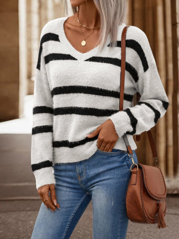 Sieviešu svītrainais džemperis ar V veida kaklu, brīvā piegriezuma, akrila-poliesteres maisījums