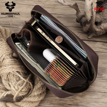 HUMERPAUL RFID Toprétegű marhabőr, Vintage stílus, cipzár, több kártyatartó, valódi bőr – férfi clutch