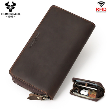 HUMERPAUL RFID Δέρμα κορυφαίου στρώματος, Vintage στυλ, Φερμουάρ, Πολλαπλές θήκες για κάρτες, Αληθινό δέρμα – Ανδρικό clutch