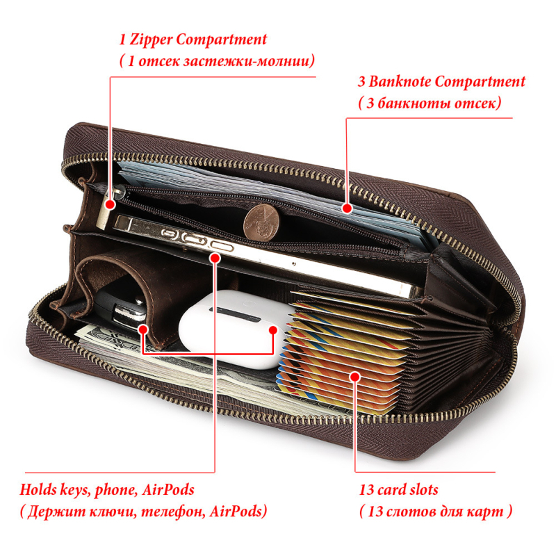 HUMERPAUL RFID Toprétegű marhabőr, Vintage stílus, cipzár, több kártyatartó, valódi bőr – férfi clutch