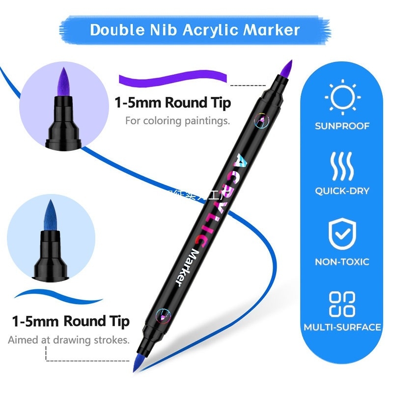 Akrilinis žymeklis vaikams su dviguba galvute, dviem antgaliais, greitai džiūsta, neblunka