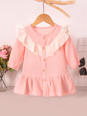 Mergaitėms su nėrinių apykakle suknelė, ilgomis rankovėmis, 100% medvilnė, A linijos siluetas, amžiaus grupė 1–3 metai.