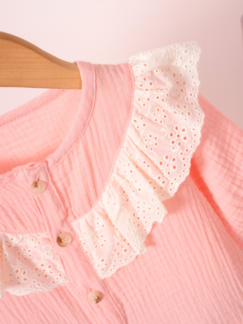 Mergaitėms su nėrinių apykakle suknelė, ilgomis rankovėmis, 100% medvilnė, A linijos siluetas, amžiaus grupė 1–3 metai.