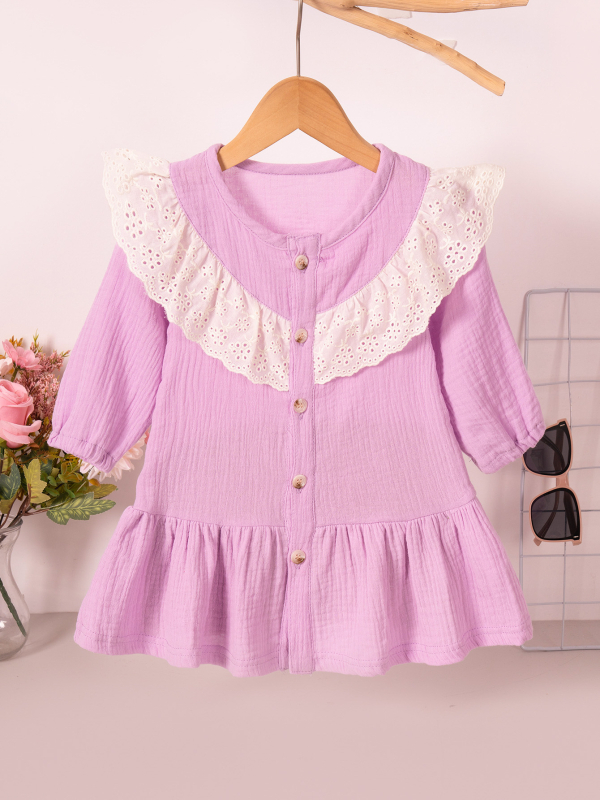 Mergaitėms su nėrinių apykakle suknelė, ilgomis rankovėmis, 100% medvilnė, A linijos siluetas, amžiaus grupė 1–3 metai.