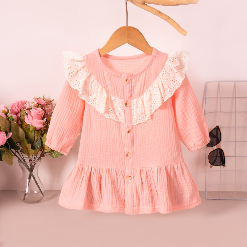 Mergaitėms su nėrinių apykakle suknelė, ilgomis rankovėmis, 100% medvilnė, A linijos siluetas, amžiaus grupė 1–3 metai.