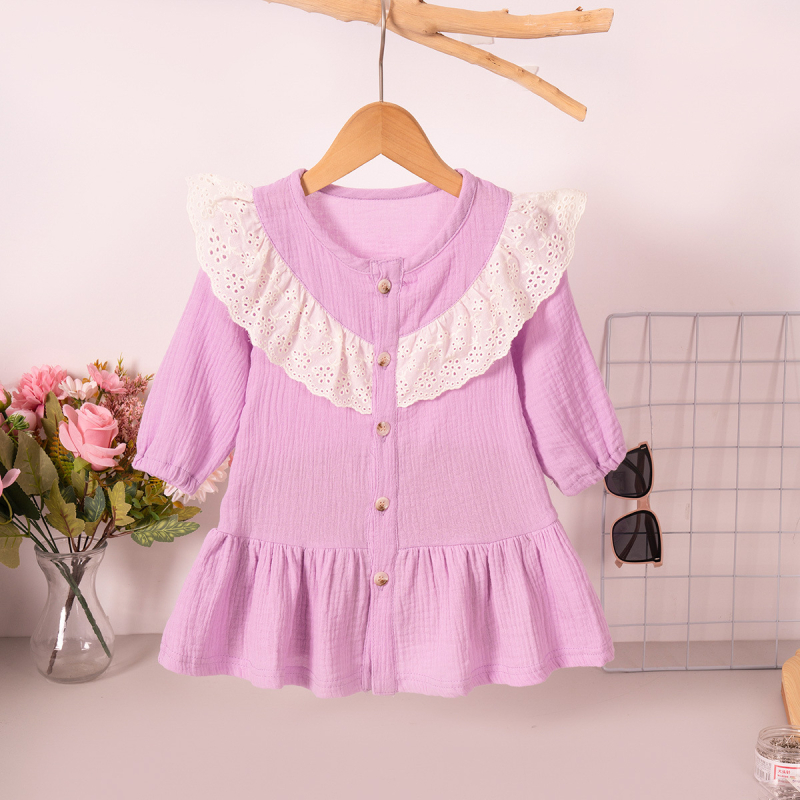 Mergaitėms su nėrinių apykakle suknelė, ilgomis rankovėmis, 100% medvilnė, A linijos siluetas, amžiaus grupė 1–3 metai.