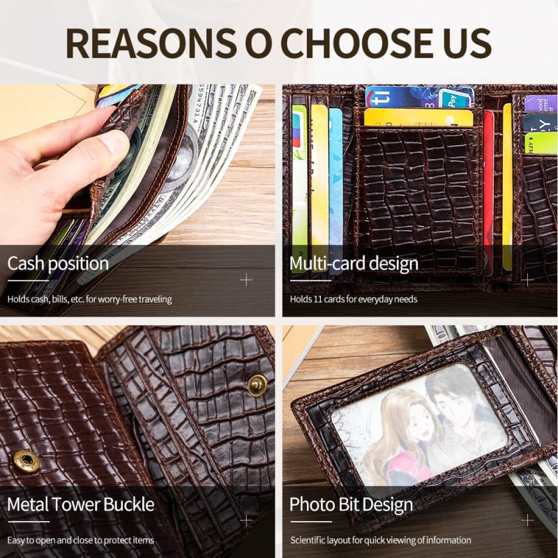 STEEL LION мъжко портмоне от естествена кожа с крокодилен модел, множество джобове за карти, слот за фотоалбум, защита срещу кражба, първи слой телешка кожа, подплата от полиестер