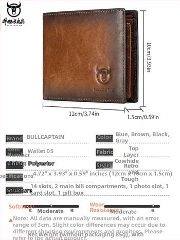 Портфейл Cow Captain Leather: истинска кожа, кожа от първи слой, защита срещу кражба, антимагнитна подплата, множество джобове за карти