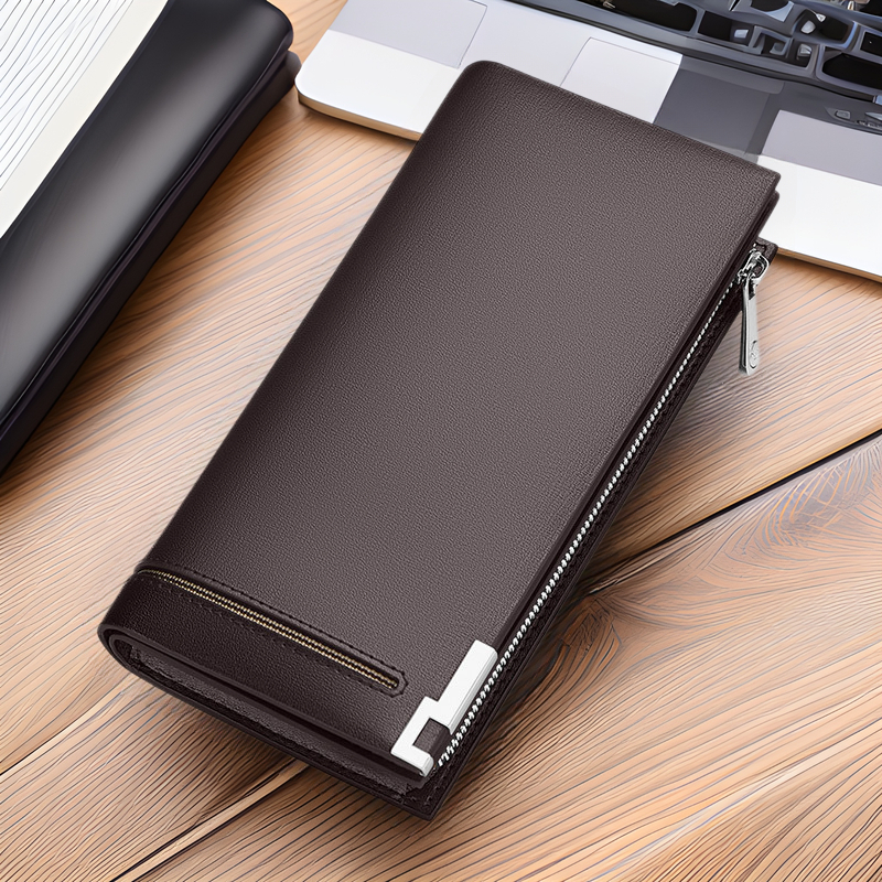 Portofel din piele pentru bărbați cu fermoar, multifuncțional, capacitate mare, anti-furt, pentru uz zilnic, William Polo