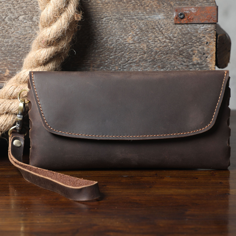 Férfi Crazy Horse bőrből készült kézitáska, kézzel készített, nagy kapacitású telefon-tartó, retro stílus