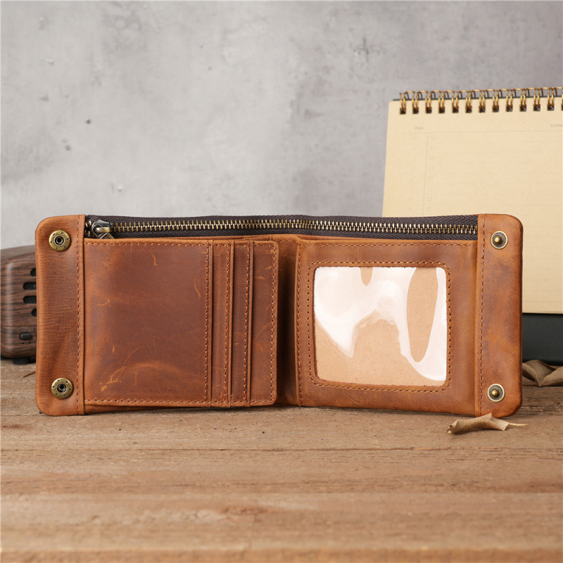 1147-es pénztárca — kézműves Crazy Horse bőr, vintage horizontális cipzár, valódi felsőréteg marhahús bőr, belső nylon bélés, modell Wallet 1147